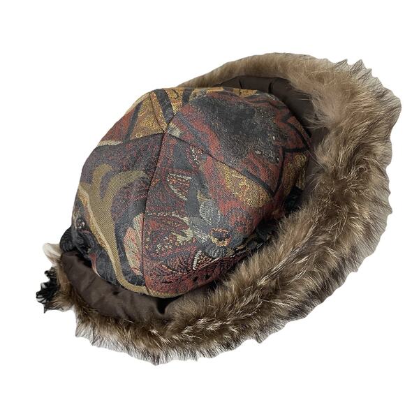 VTG 90s Von Henneberg Silk Brocade Tapestry Fur Lined Hat Artsy Handmade S/M main image 12